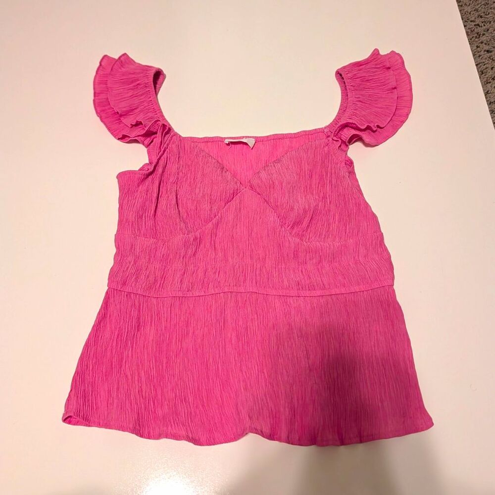 Blu Pepper Pink Solid Ruffle V-Neck Pullover Blouse, Women’s L